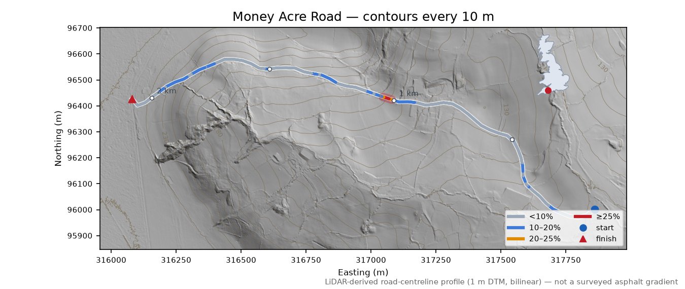 Money Acre Road LiDAR hillshade map with contours
