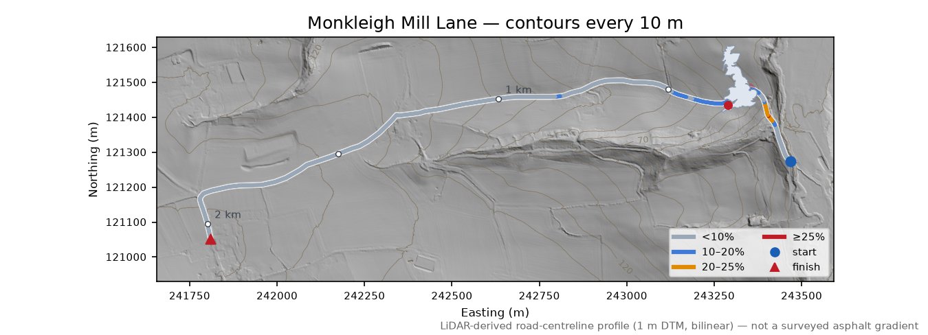 Monkleigh Mill Lane LiDAR hillshade map with contours