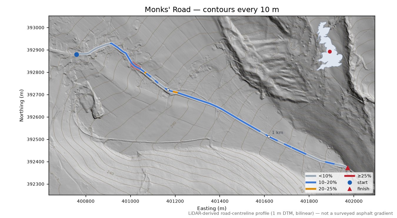 Monks' Road LiDAR hillshade map with contours