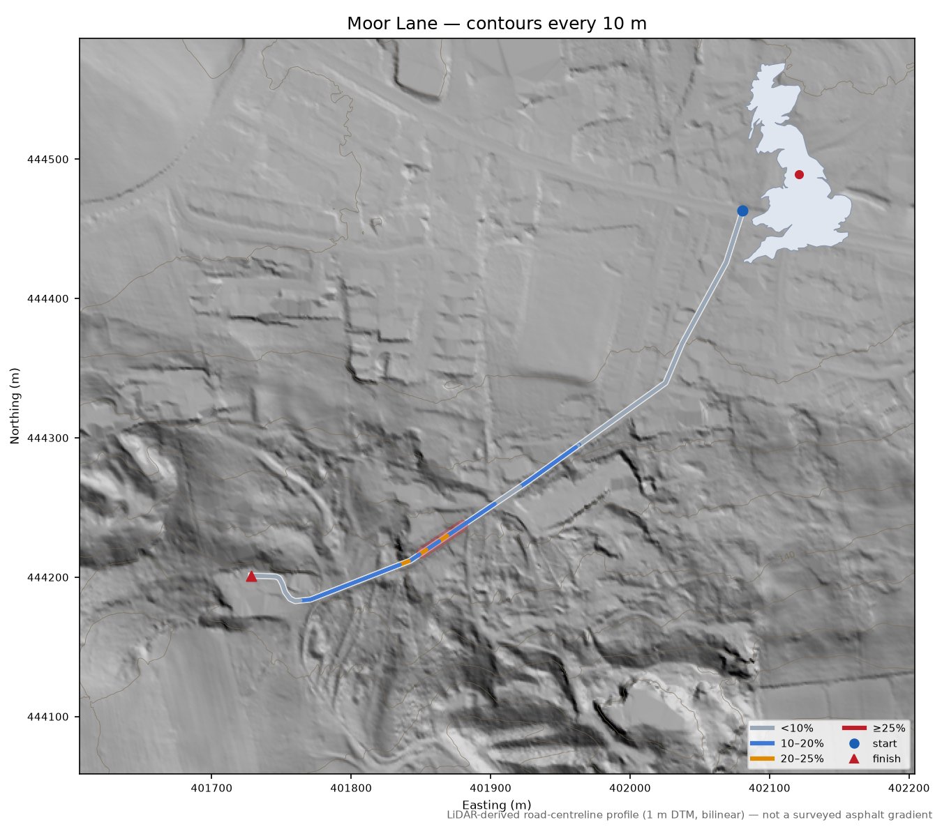 Moor Lane LiDAR hillshade map with contours
