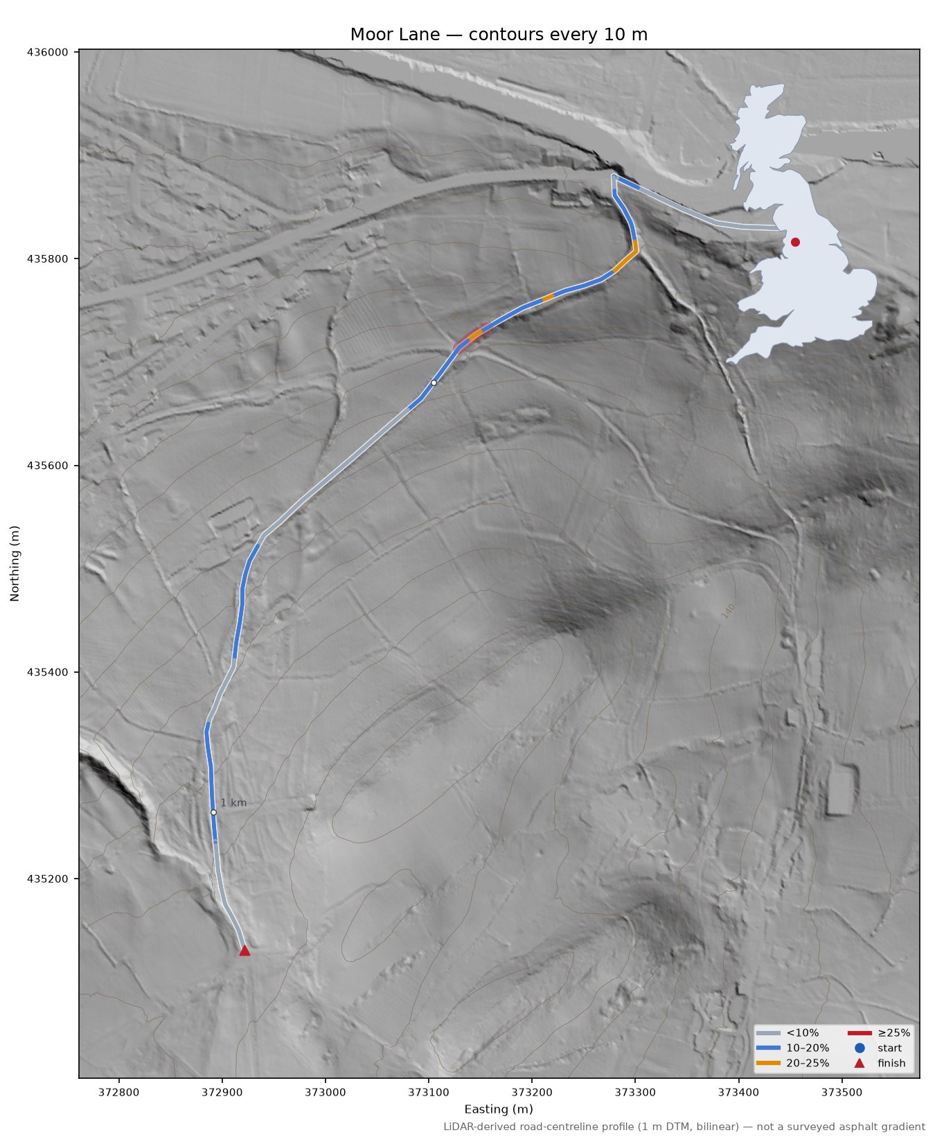 Moor Lane LiDAR hillshade map with contours