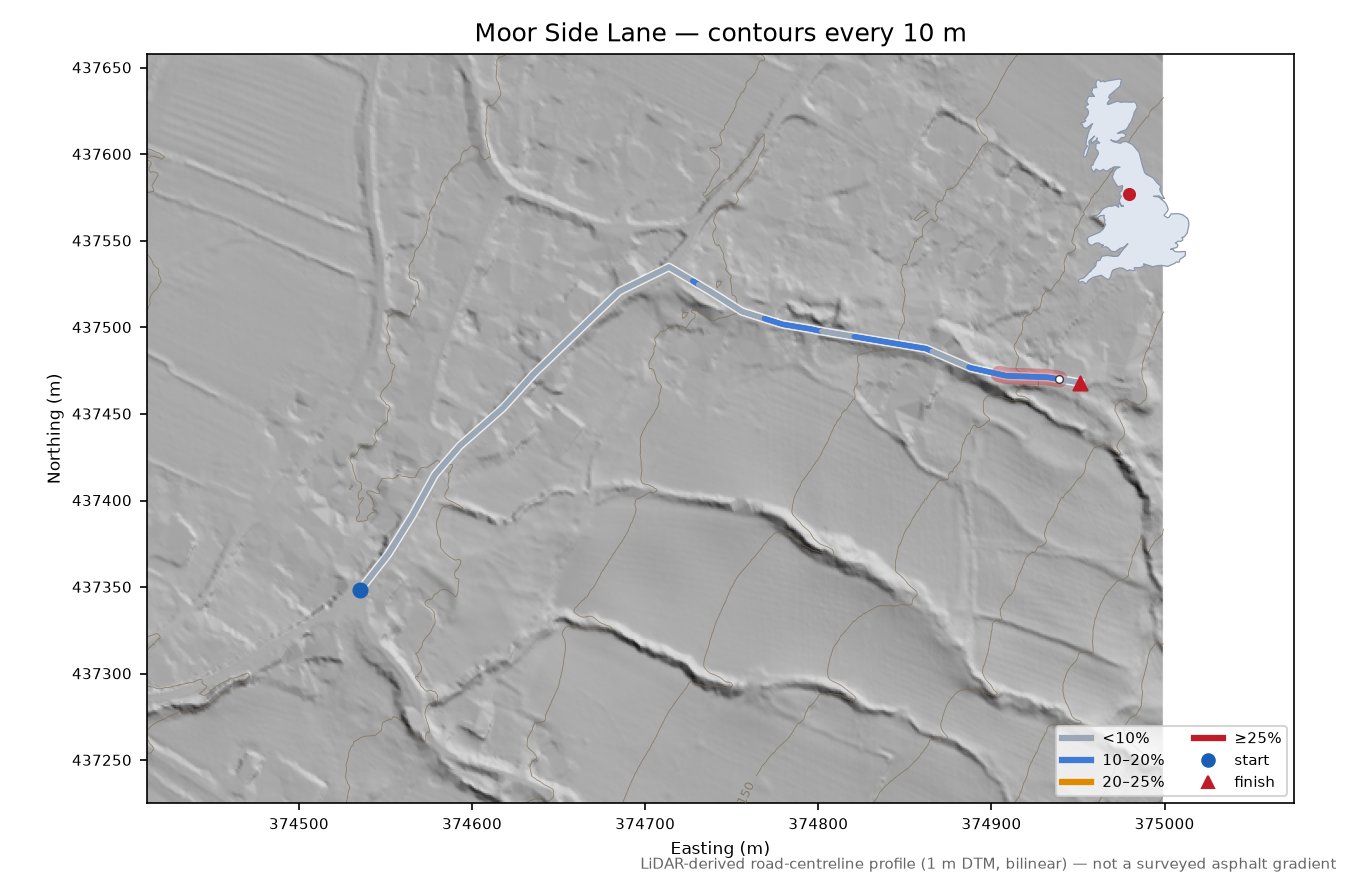 Moor Side Lane LiDAR hillshade map with contours