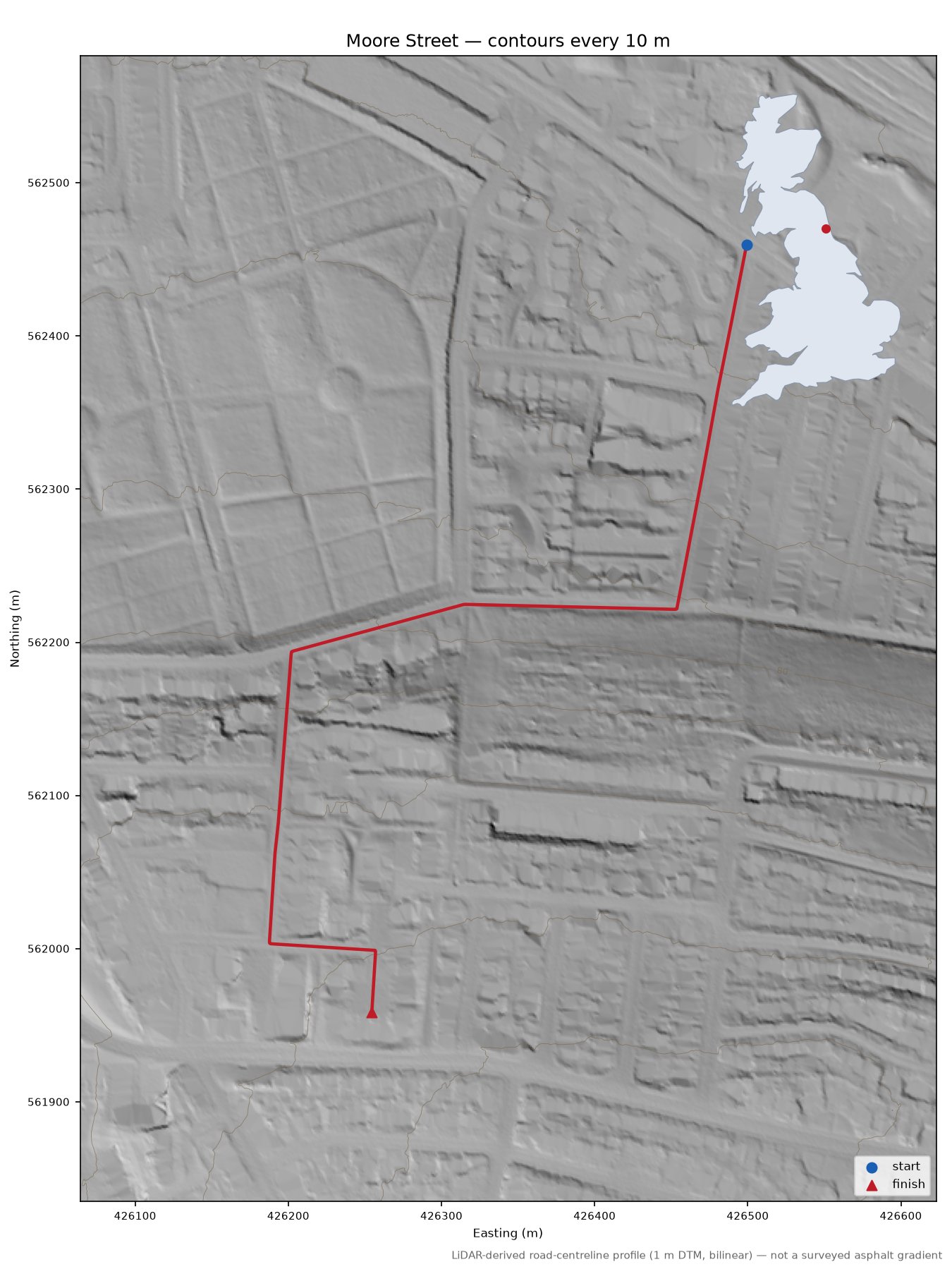 Moore Street LiDAR hillshade map with contours