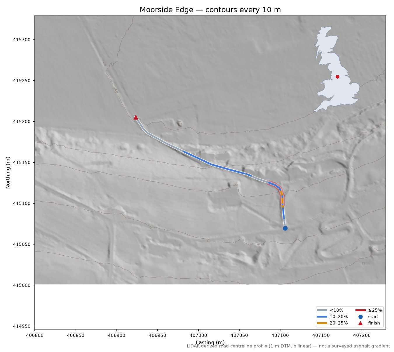 Moorside Edge LiDAR hillshade map with contours