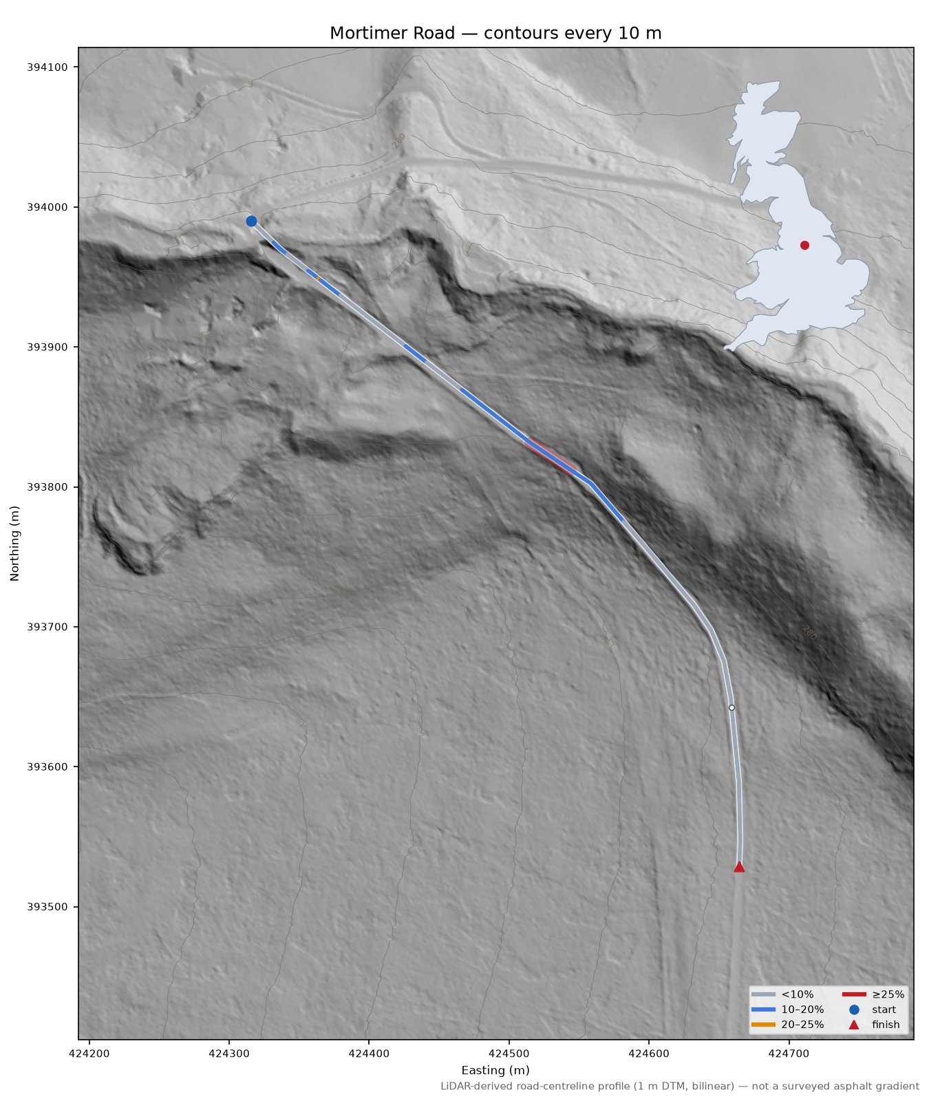 Mortimer Road LiDAR hillshade map with contours