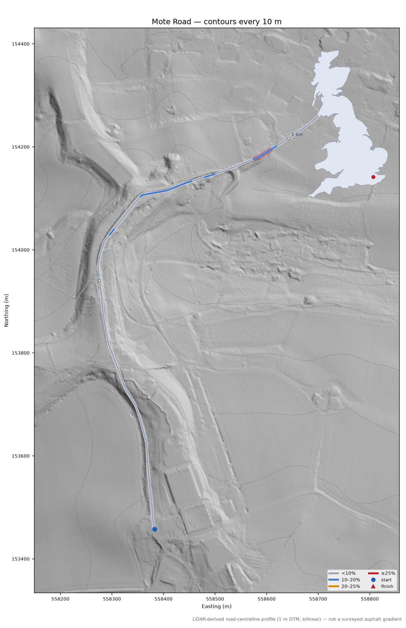 Mote Road LiDAR hillshade map with contours