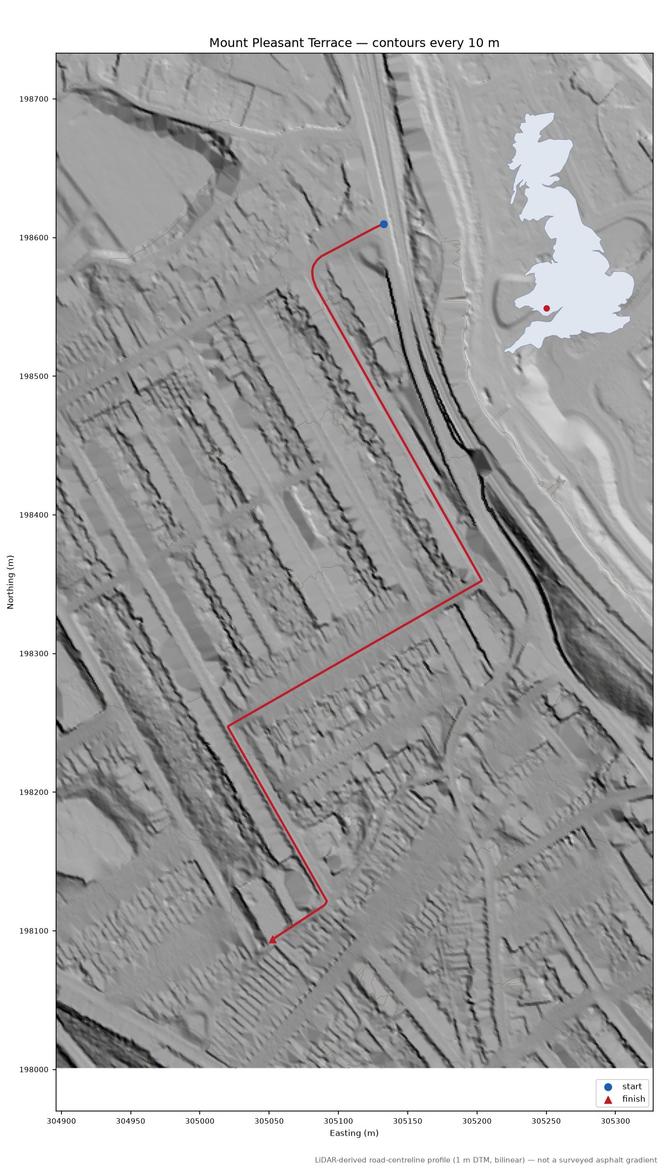 Mount Pleasant Terrace LiDAR hillshade map with contours