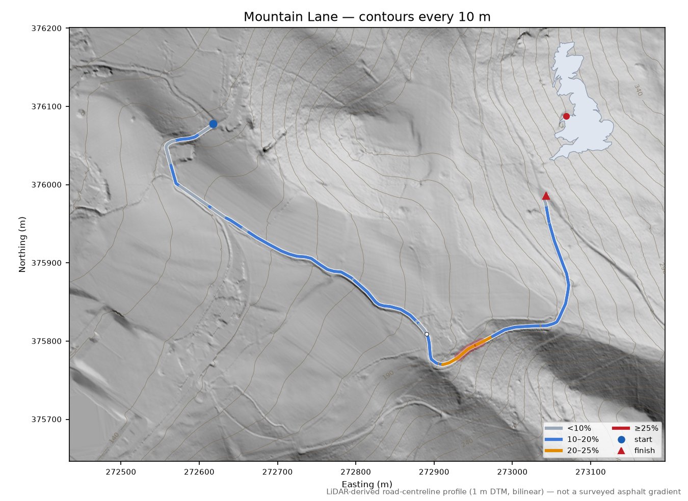 Mountain Lane LiDAR hillshade map with contours