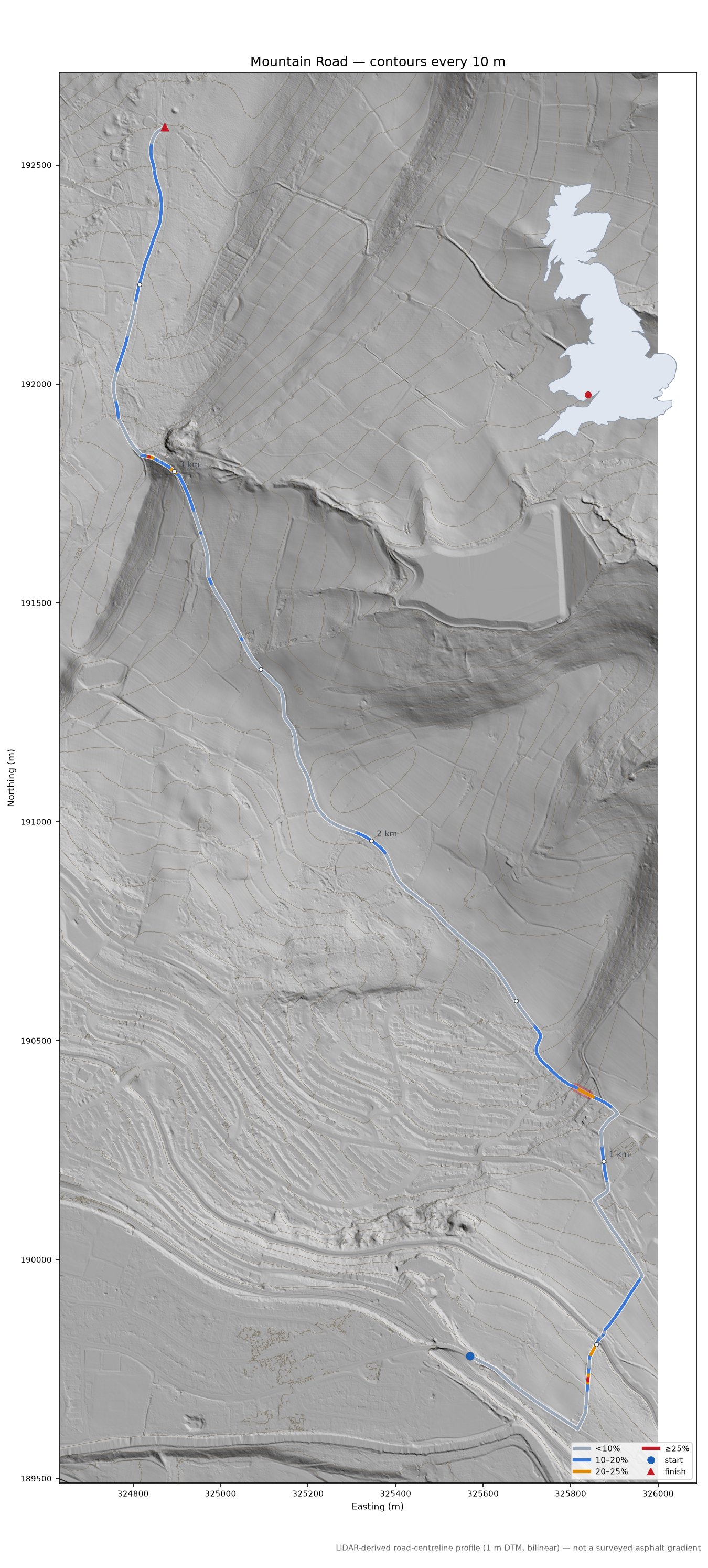 Mountain Road LiDAR hillshade map with contours
