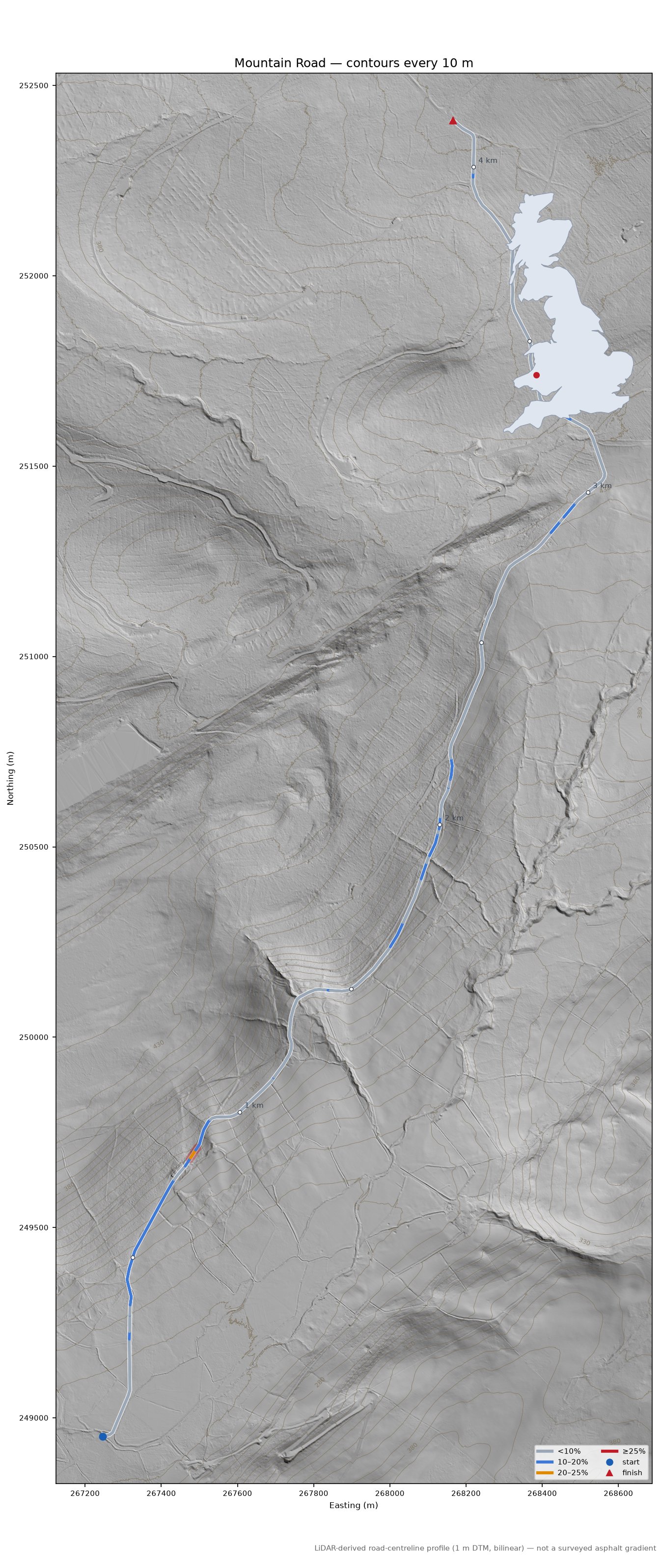 Mountain Road LiDAR hillshade map with contours