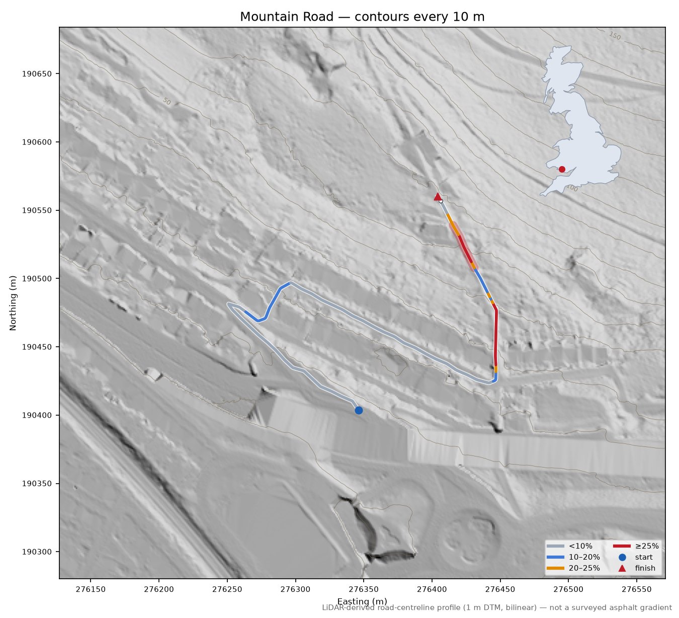 Mountain Road LiDAR hillshade map with contours