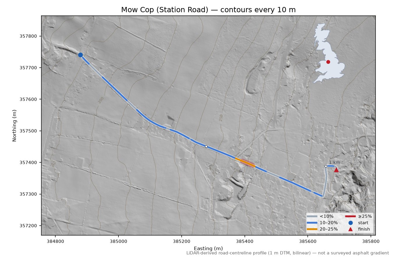 Mow Cop (Station Road) LiDAR hillshade map with contours