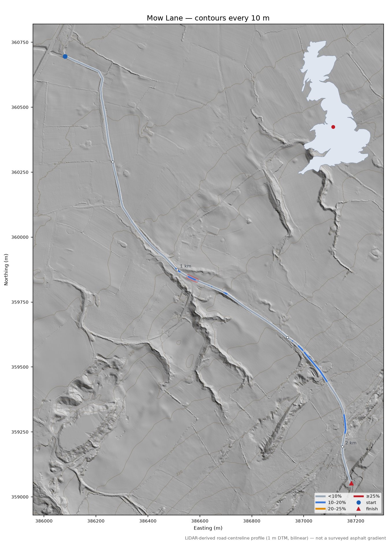 Mow Lane LiDAR hillshade map with contours