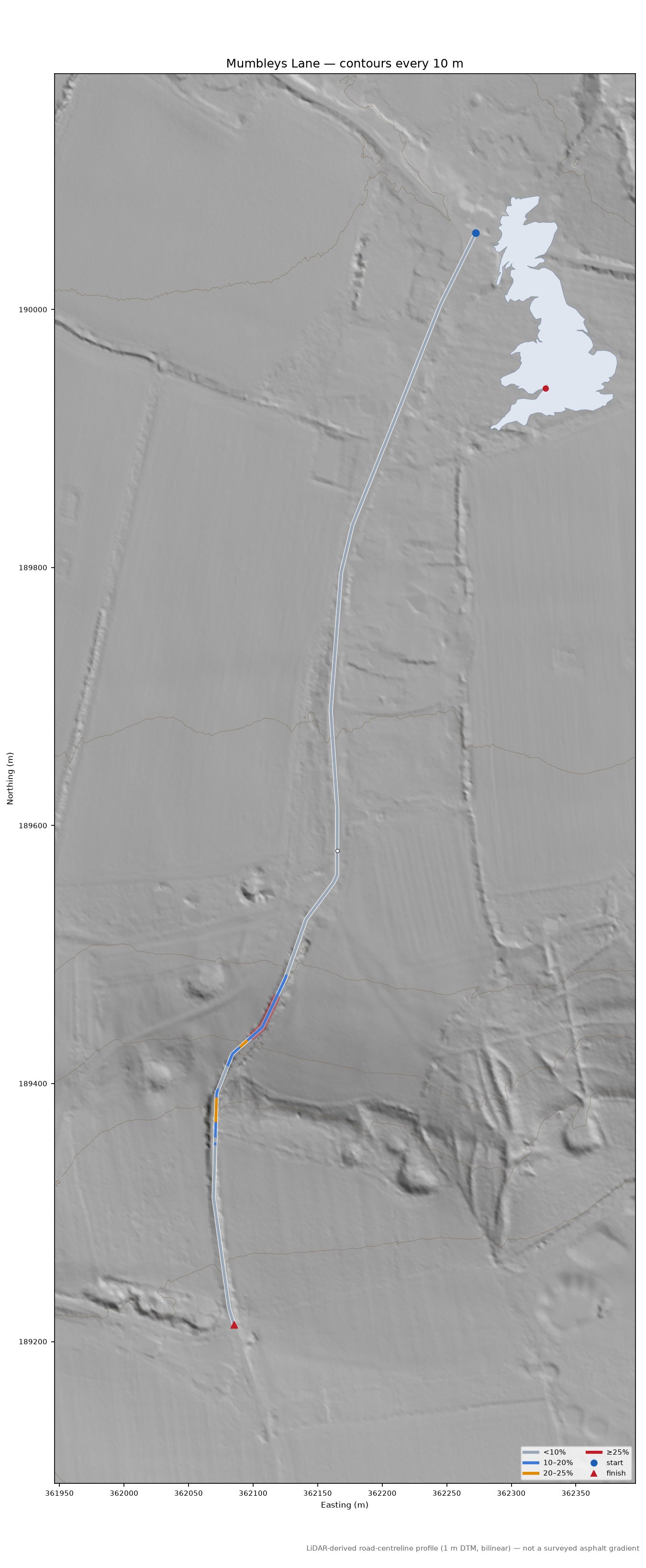 Mumbleys Lane LiDAR hillshade map with contours