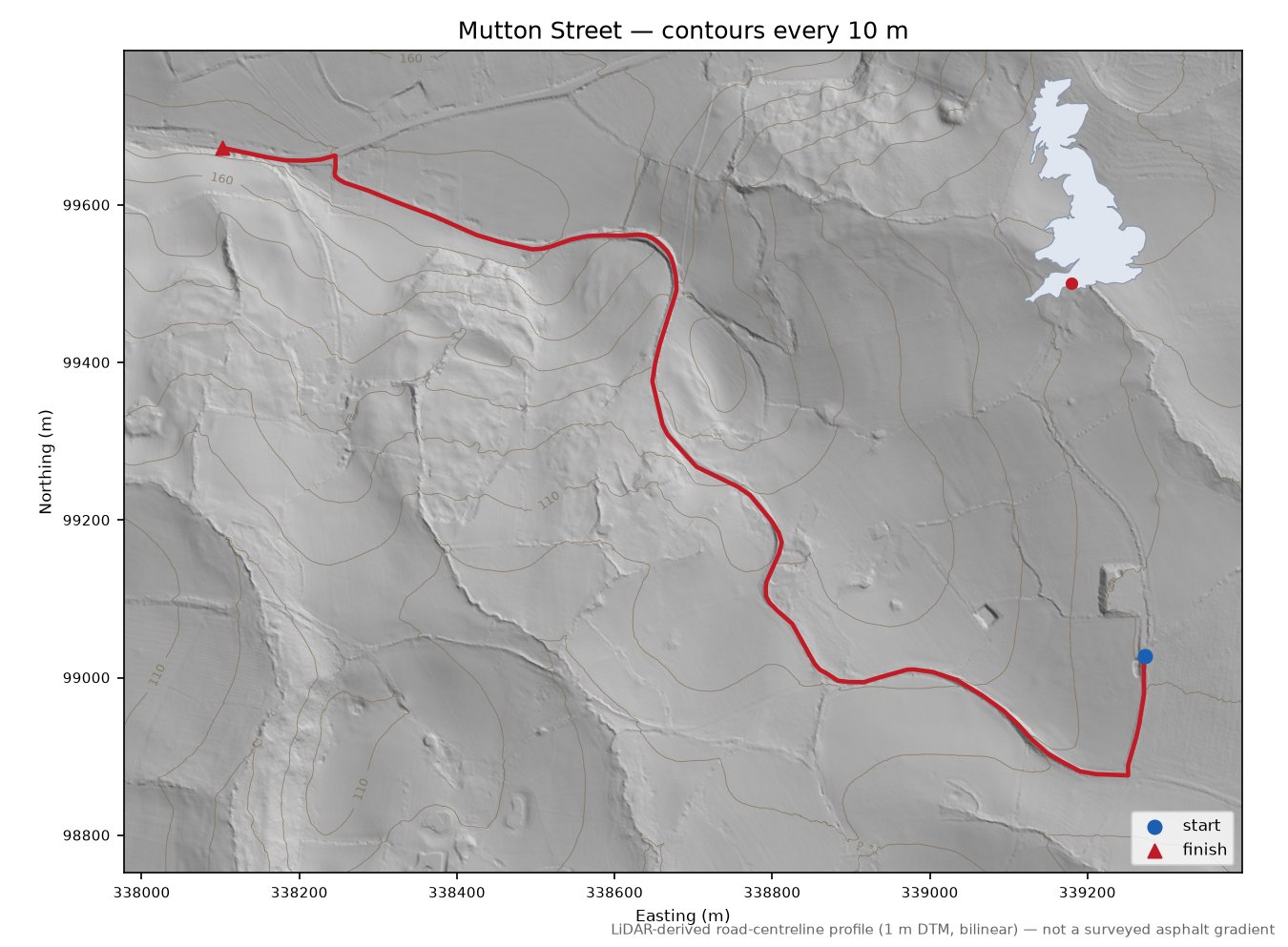 Mutton Street LiDAR hillshade map with contours