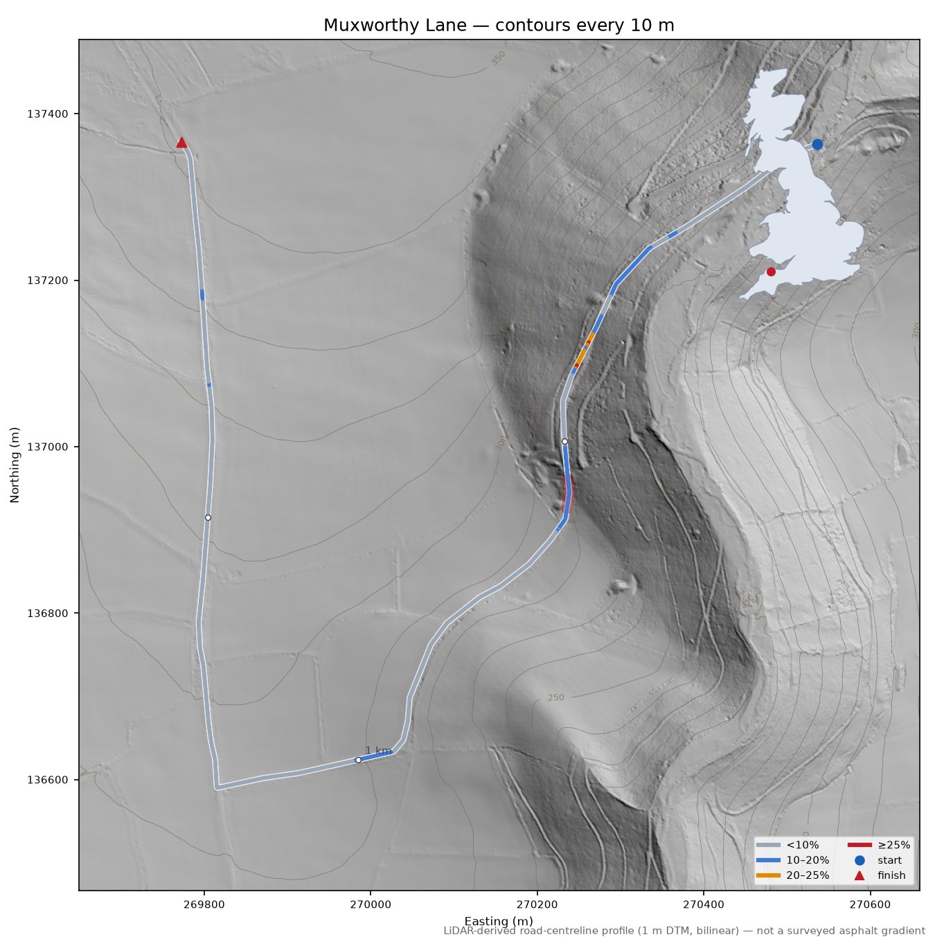 Muxworthy Lane LiDAR hillshade map with contours