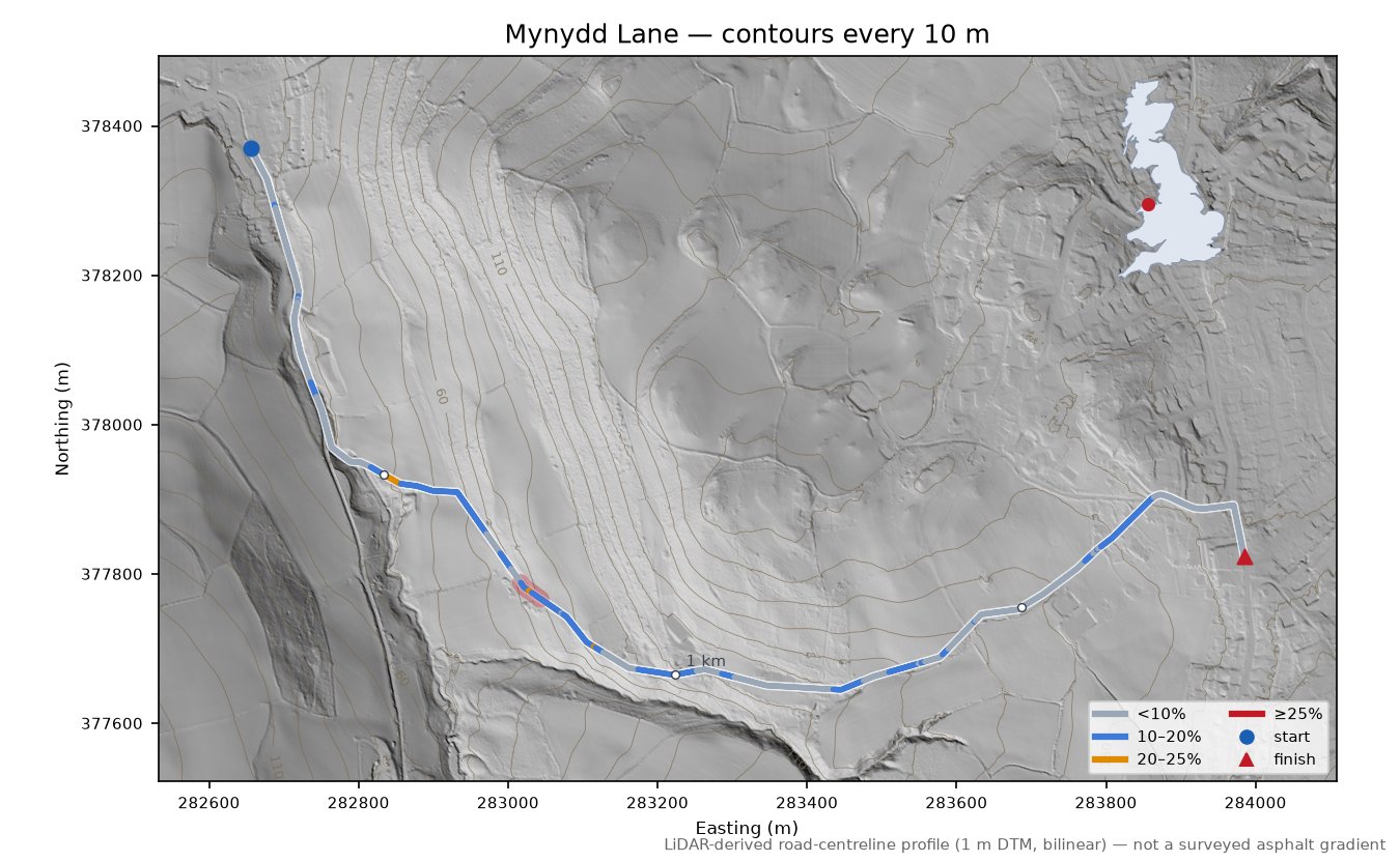 Mynydd Lane LiDAR hillshade map with contours