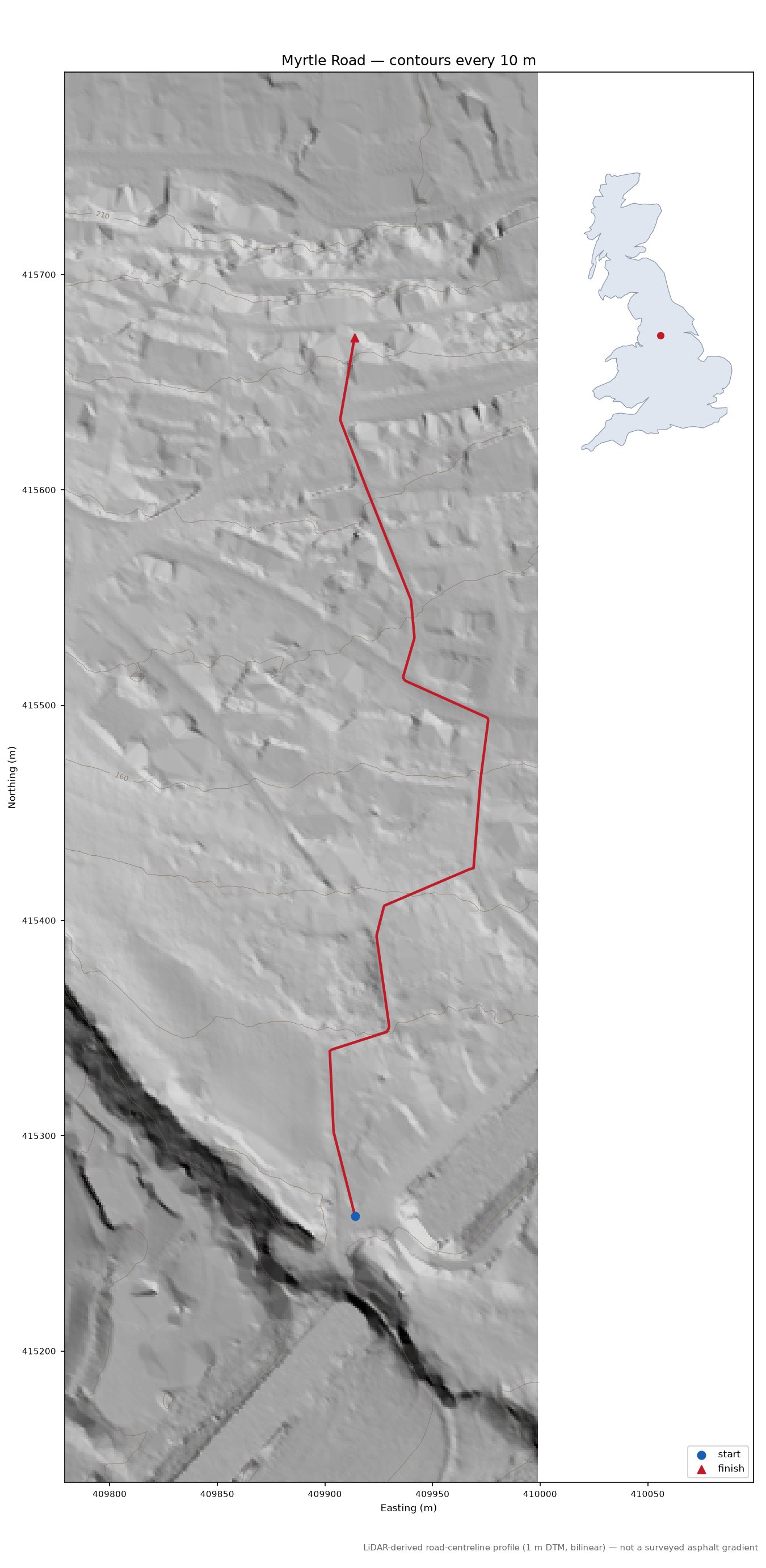 Myrtle Road LiDAR hillshade map with contours
