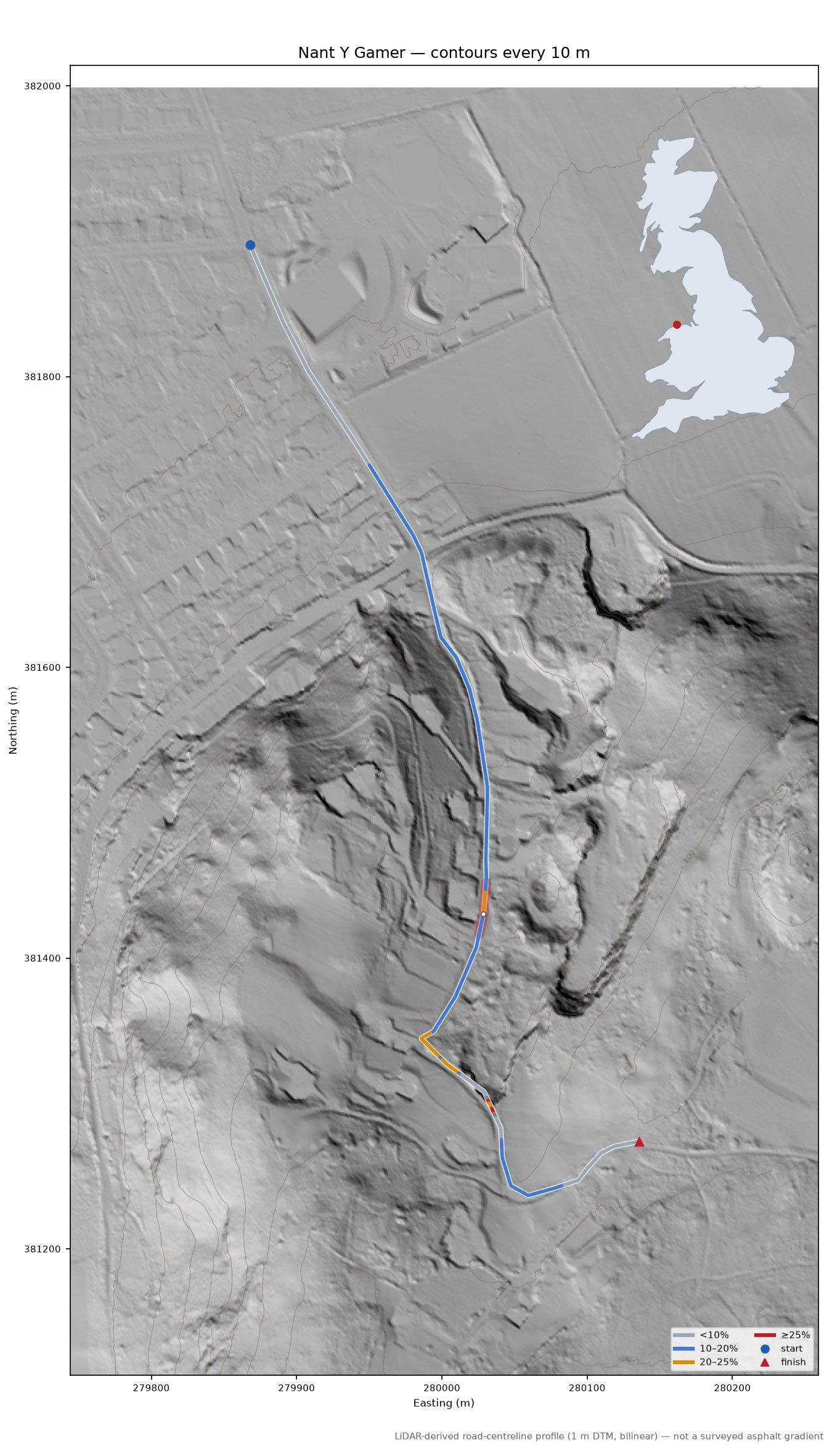 Nant Y Gamer LiDAR hillshade map with contours