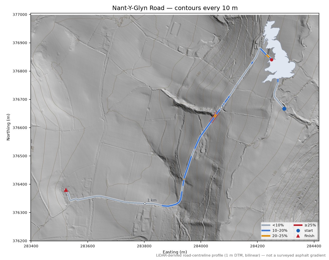 Nant-Y-Glyn Road LiDAR hillshade map with contours