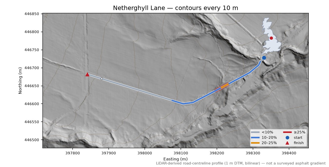 Netherghyll Lane LiDAR hillshade map with contours