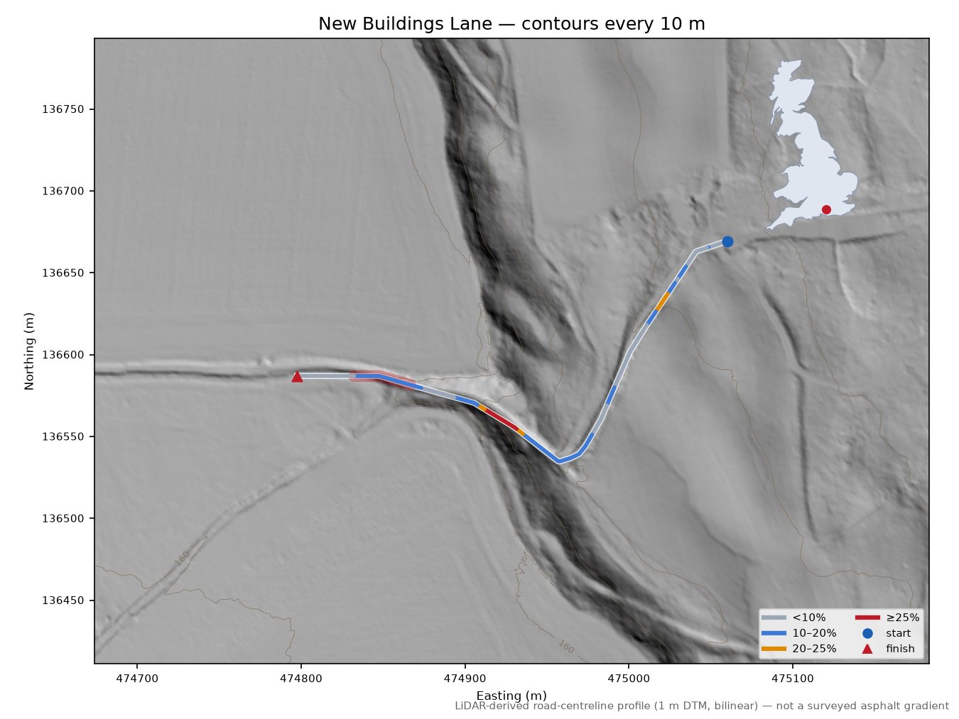 New Buildings Lane LiDAR hillshade map with contours