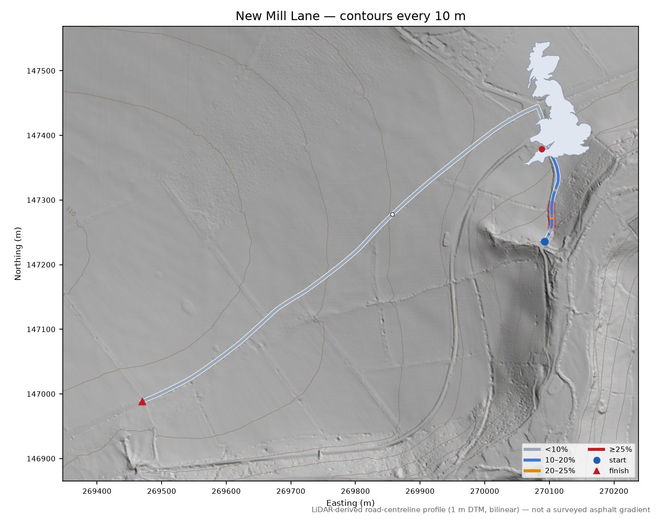 New Mill Lane LiDAR hillshade map with contours