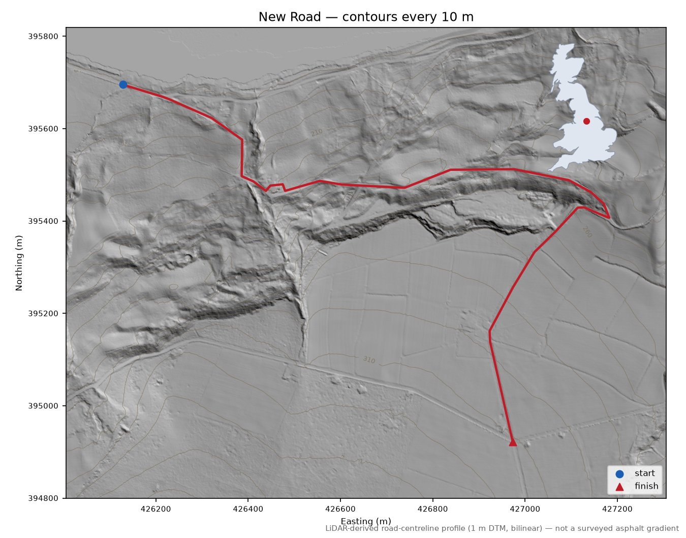 New Road LiDAR hillshade map with contours