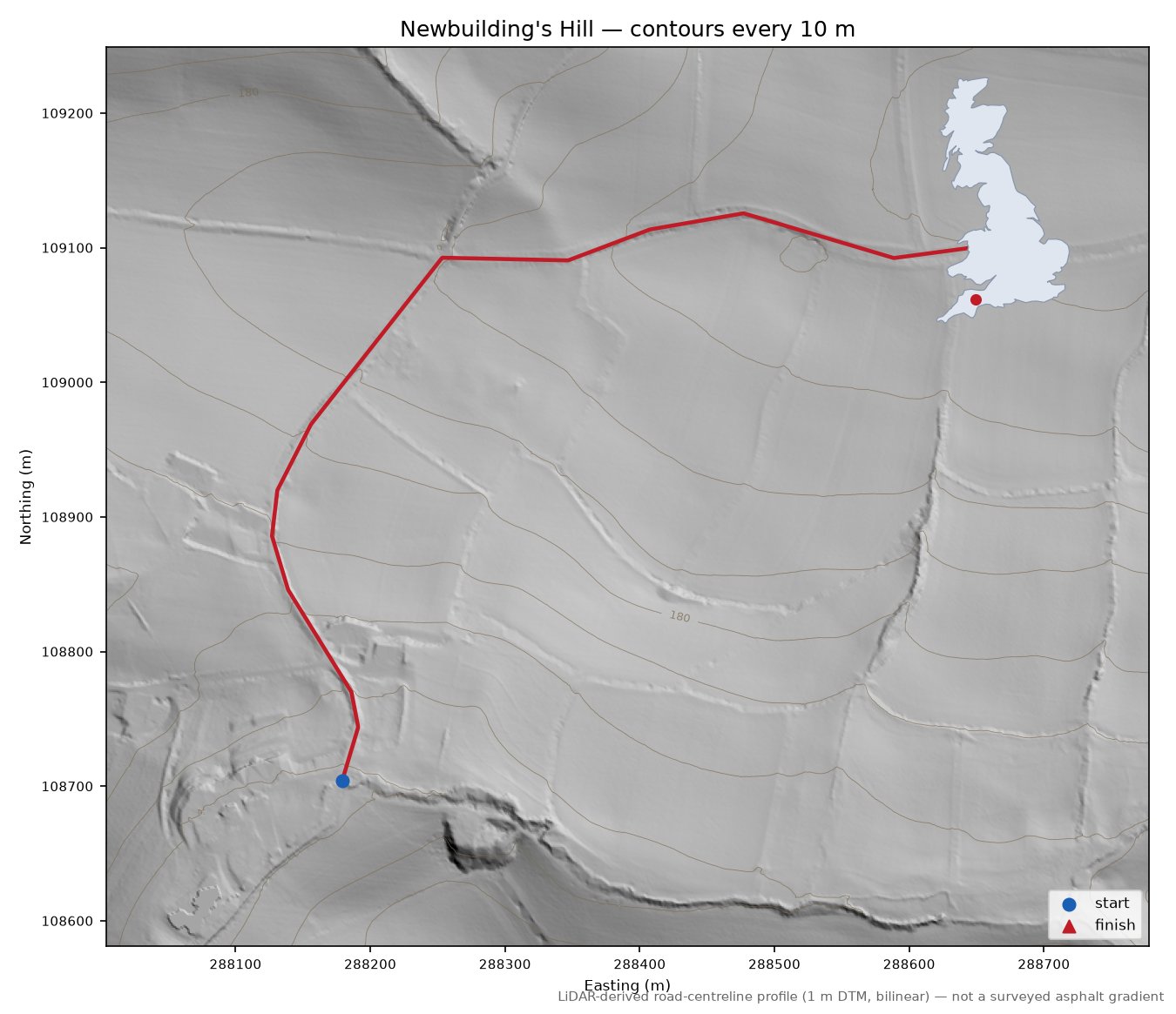 Newbuilding's Hill LiDAR hillshade map with contours
