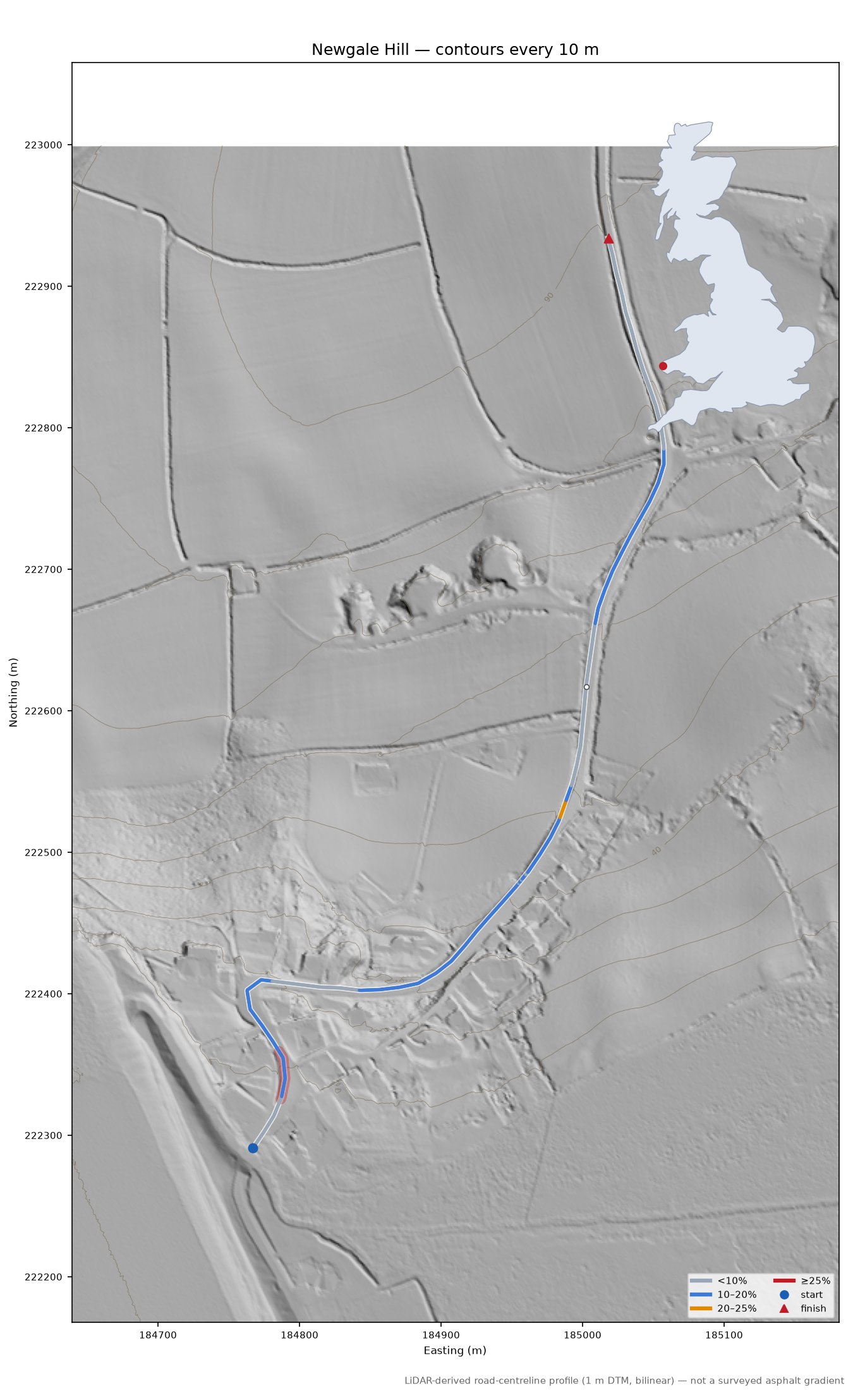 Newgale Hill LiDAR hillshade map with contours