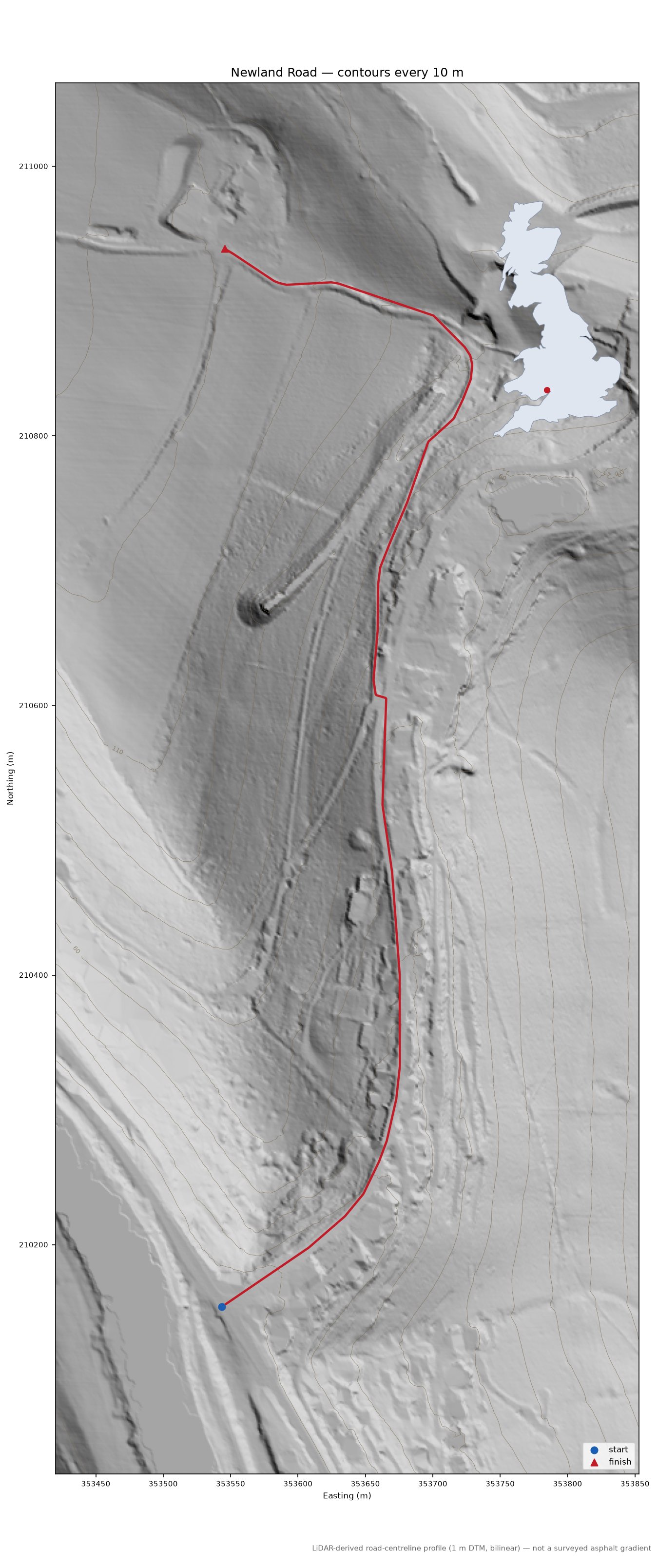 Newland Road LiDAR hillshade map with contours