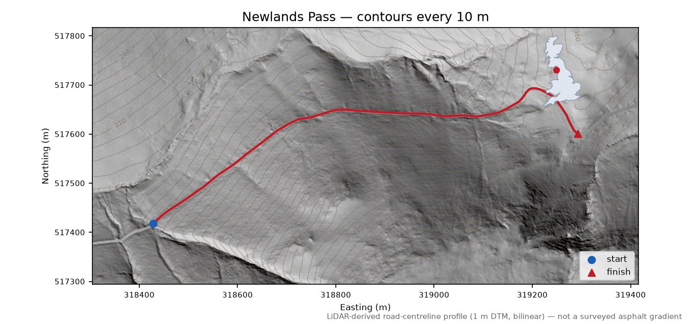 Newlands Pass LiDAR hillshade map with contours