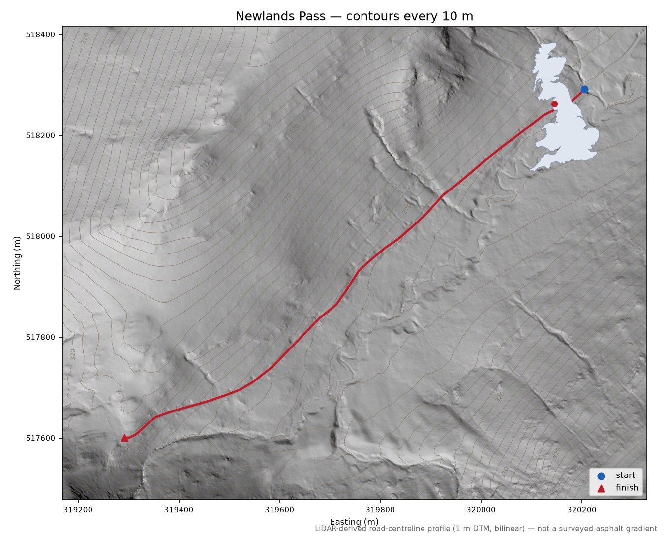 Newlands Pass LiDAR hillshade map with contours