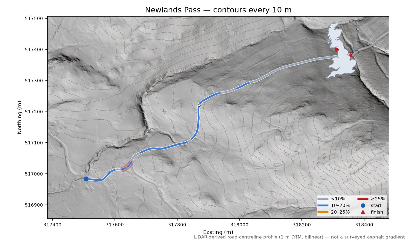 Newlands Pass LiDAR hillshade map with contours