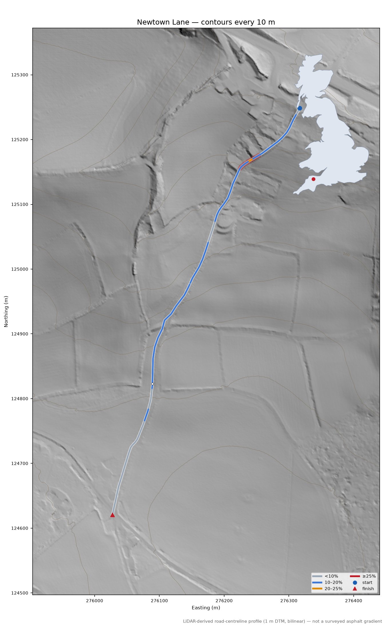 Newtown Lane LiDAR hillshade map with contours
