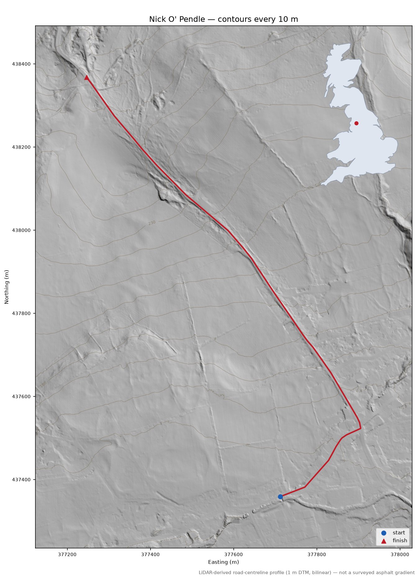 Nick O' Pendle LiDAR hillshade map with contours