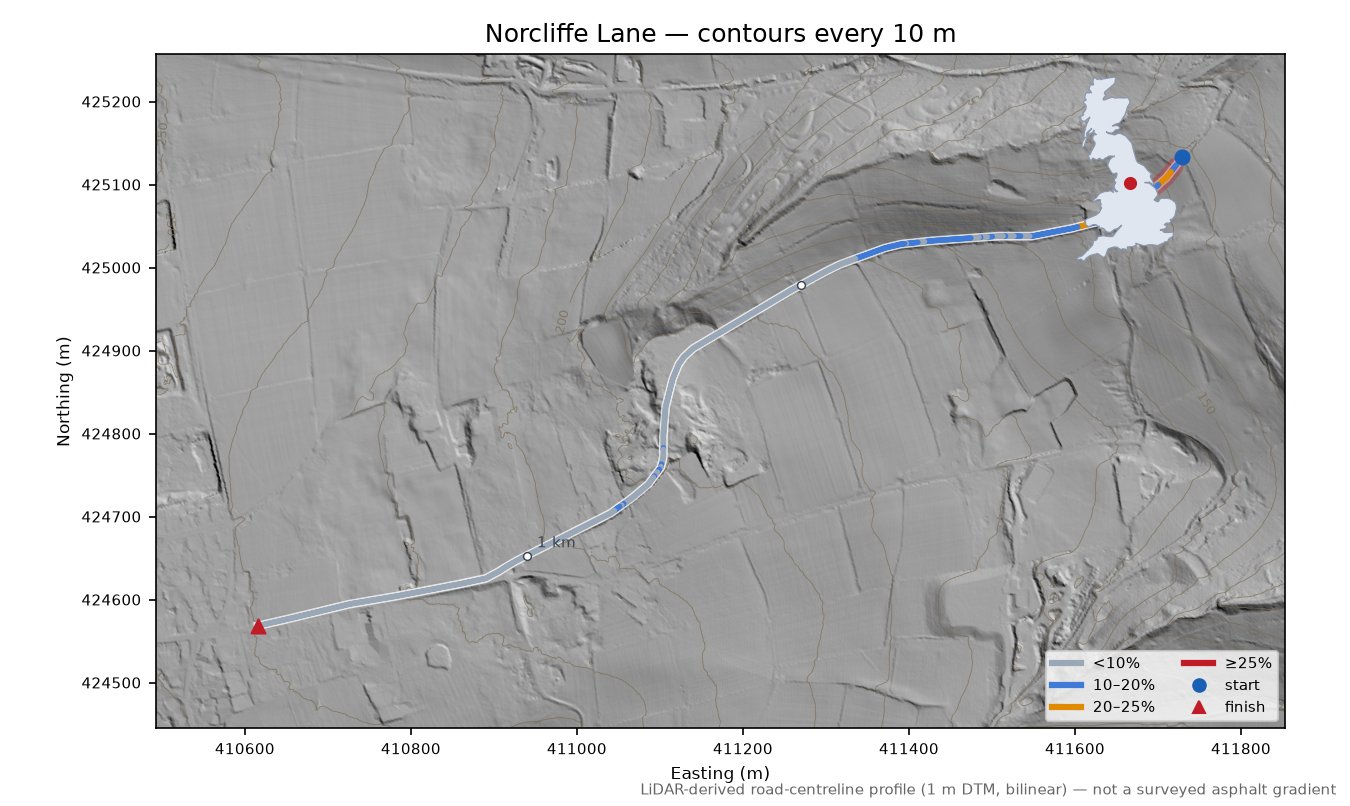Norcliffe Lane LiDAR hillshade map with contours