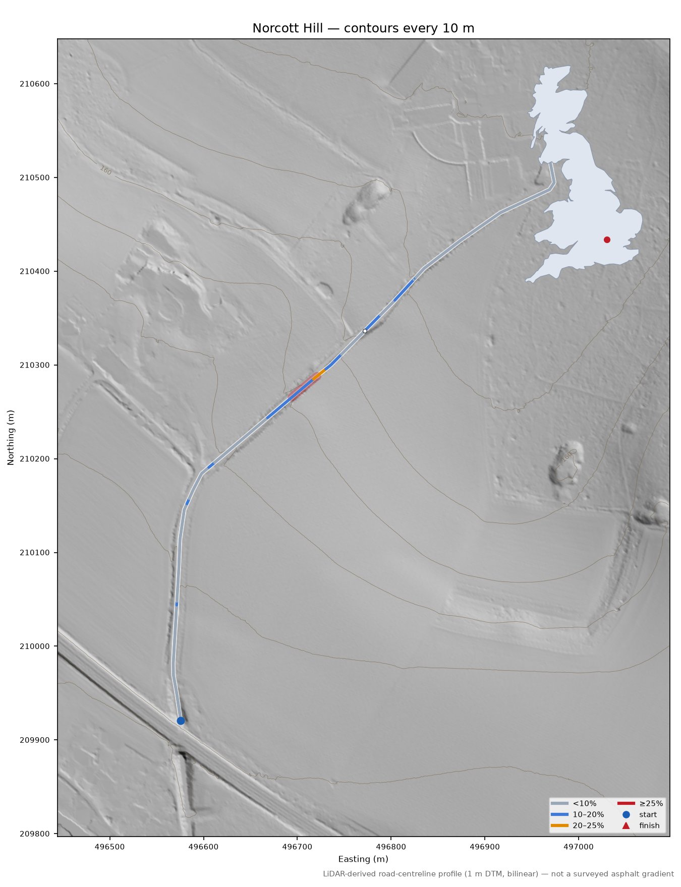 Norcott Hill LiDAR hillshade map with contours