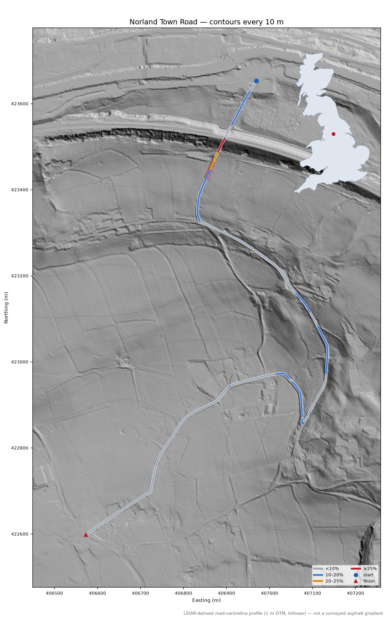 Norland Town Road LiDAR hillshade map with contours