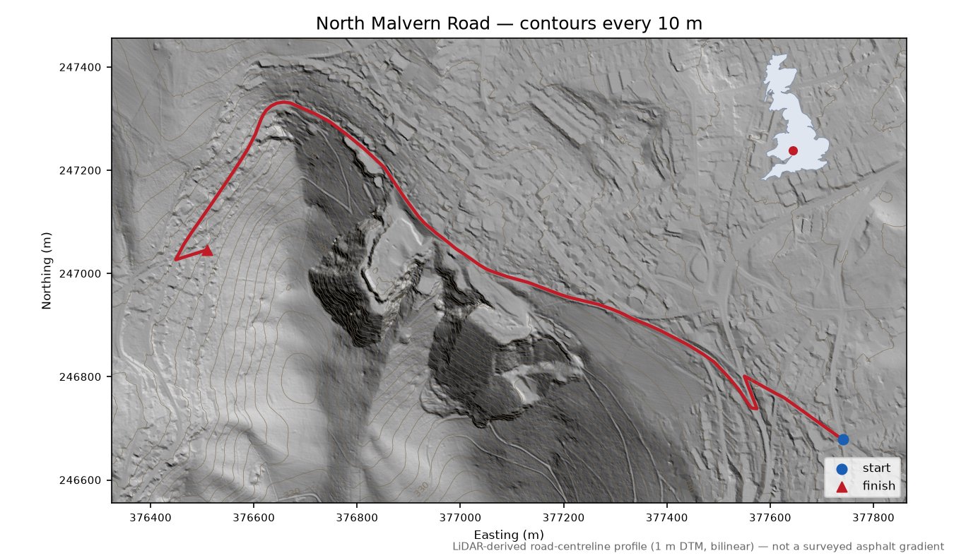 North Malvern Road LiDAR hillshade map with contours