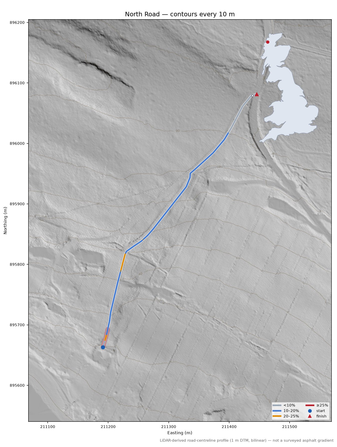 North Road LiDAR hillshade map with contours