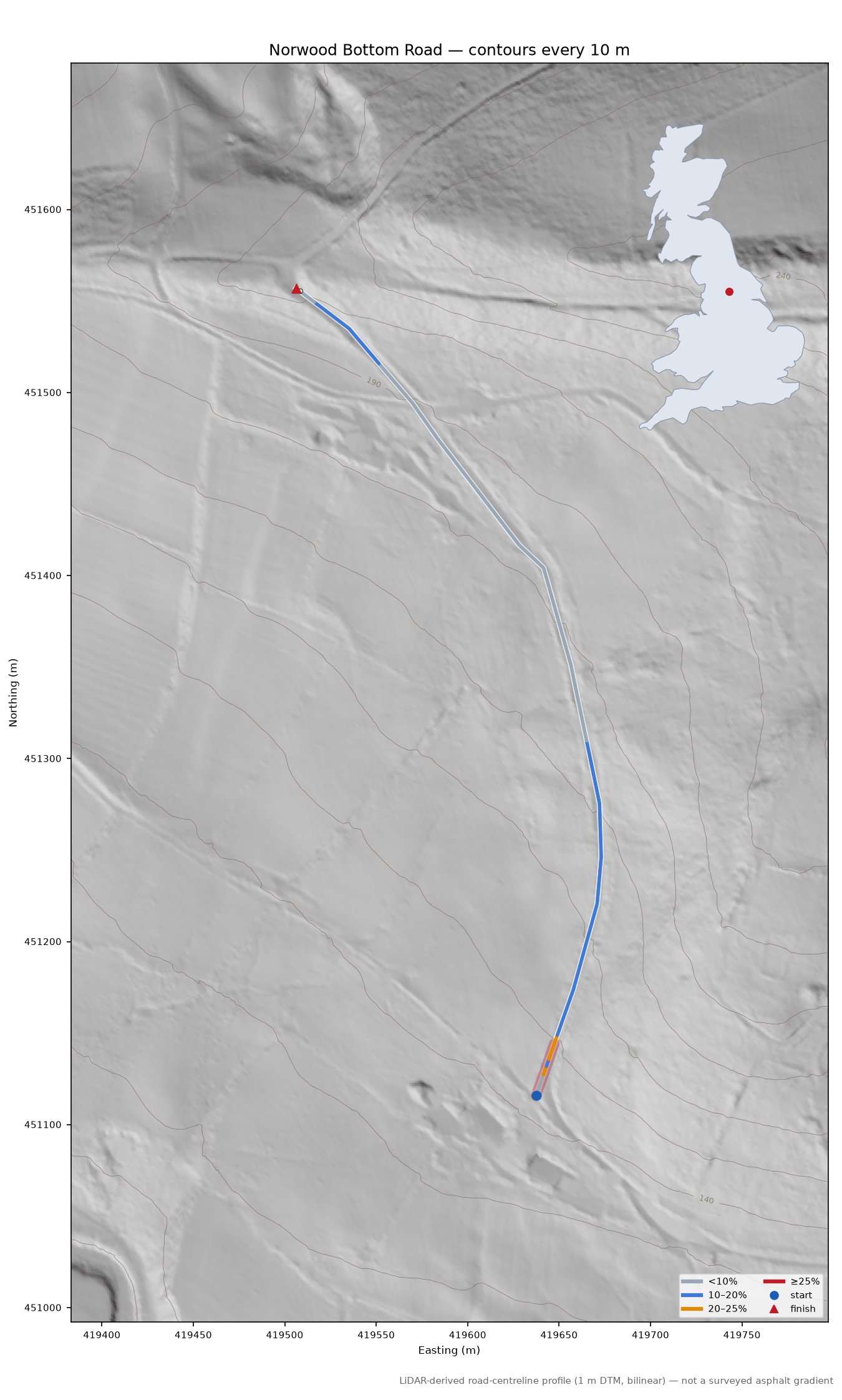 Norwood Bottom Road LiDAR hillshade map with contours