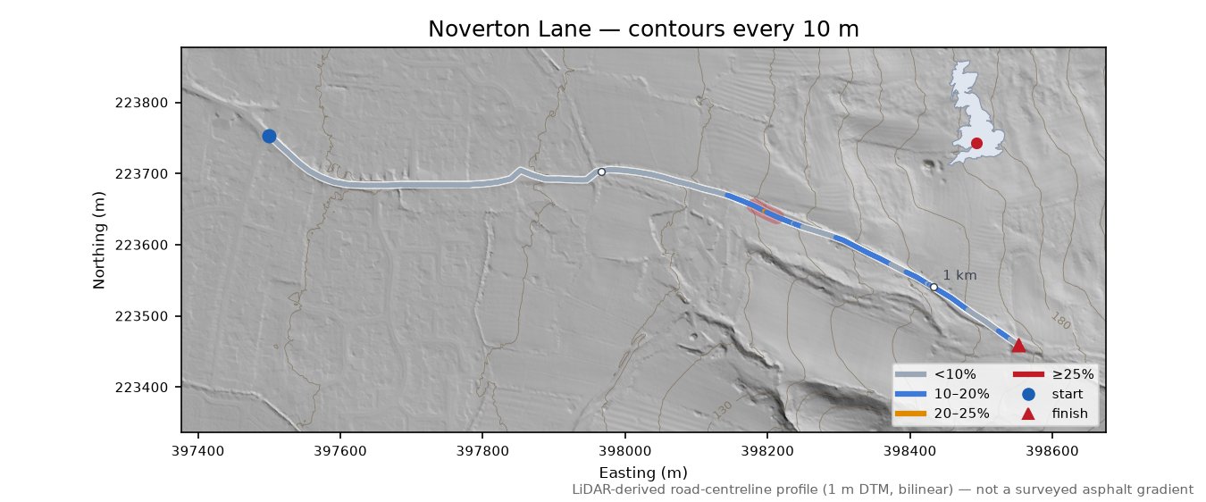 Noverton Lane LiDAR hillshade map with contours