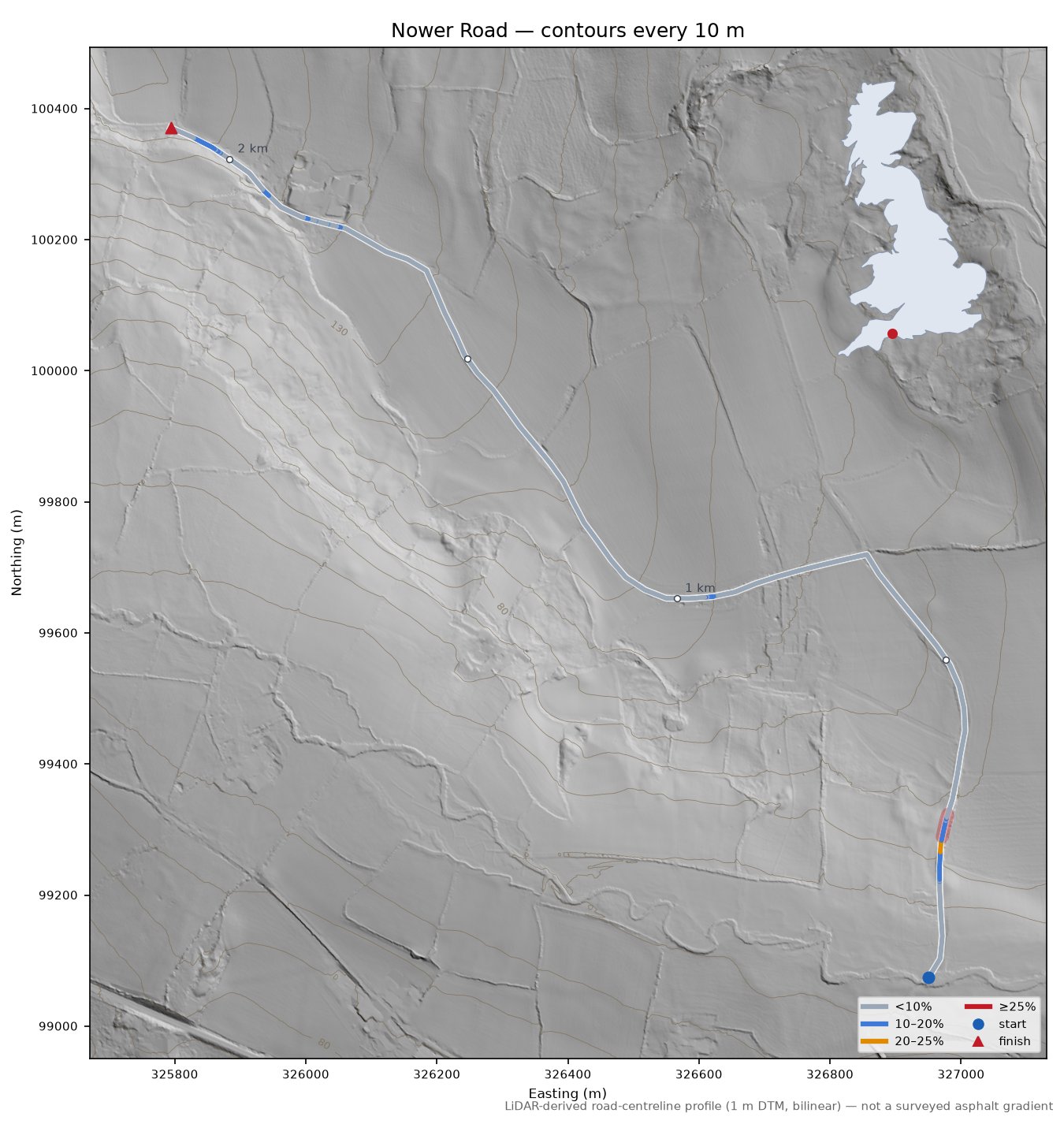 Nower Road LiDAR hillshade map with contours
