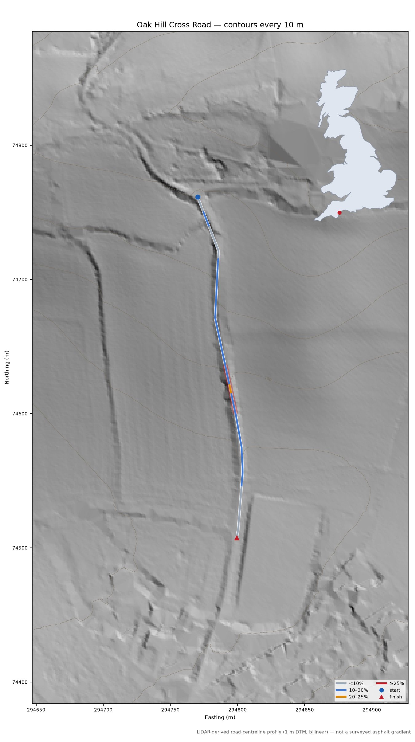 Oak Hill Cross Road LiDAR hillshade map with contours