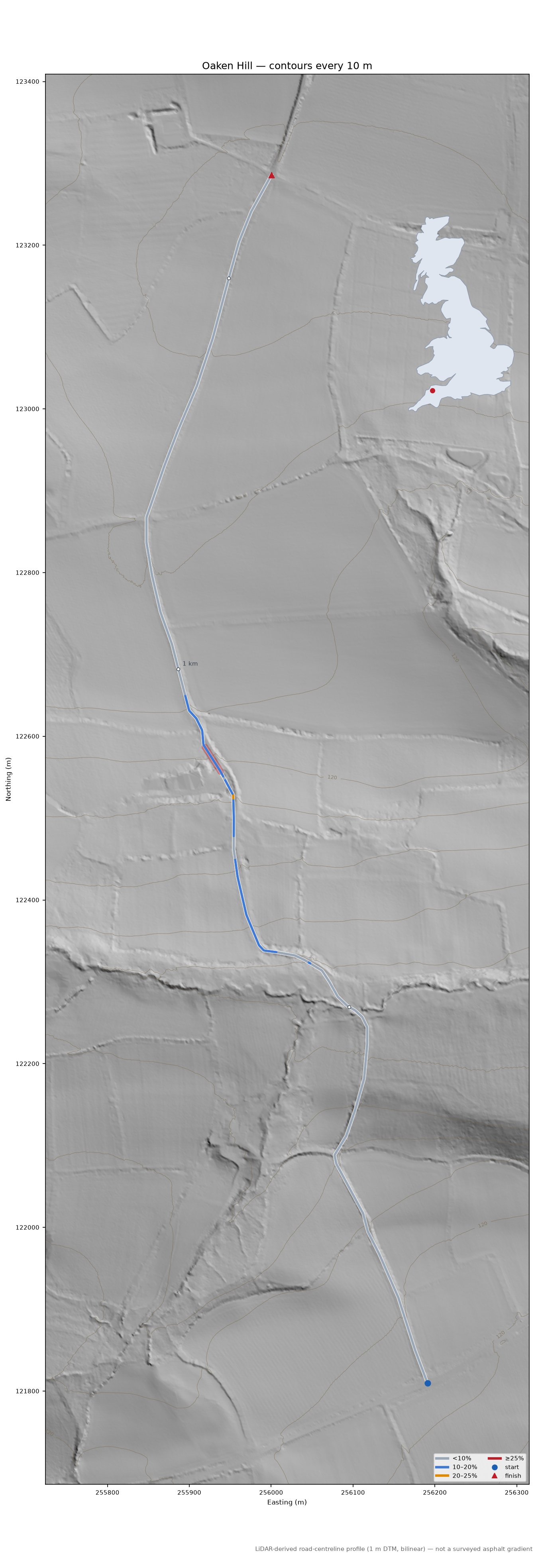 Oaken Hill LiDAR hillshade map with contours