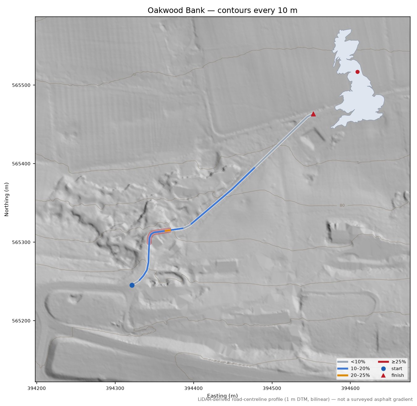 Oakwood Bank LiDAR hillshade map with contours
