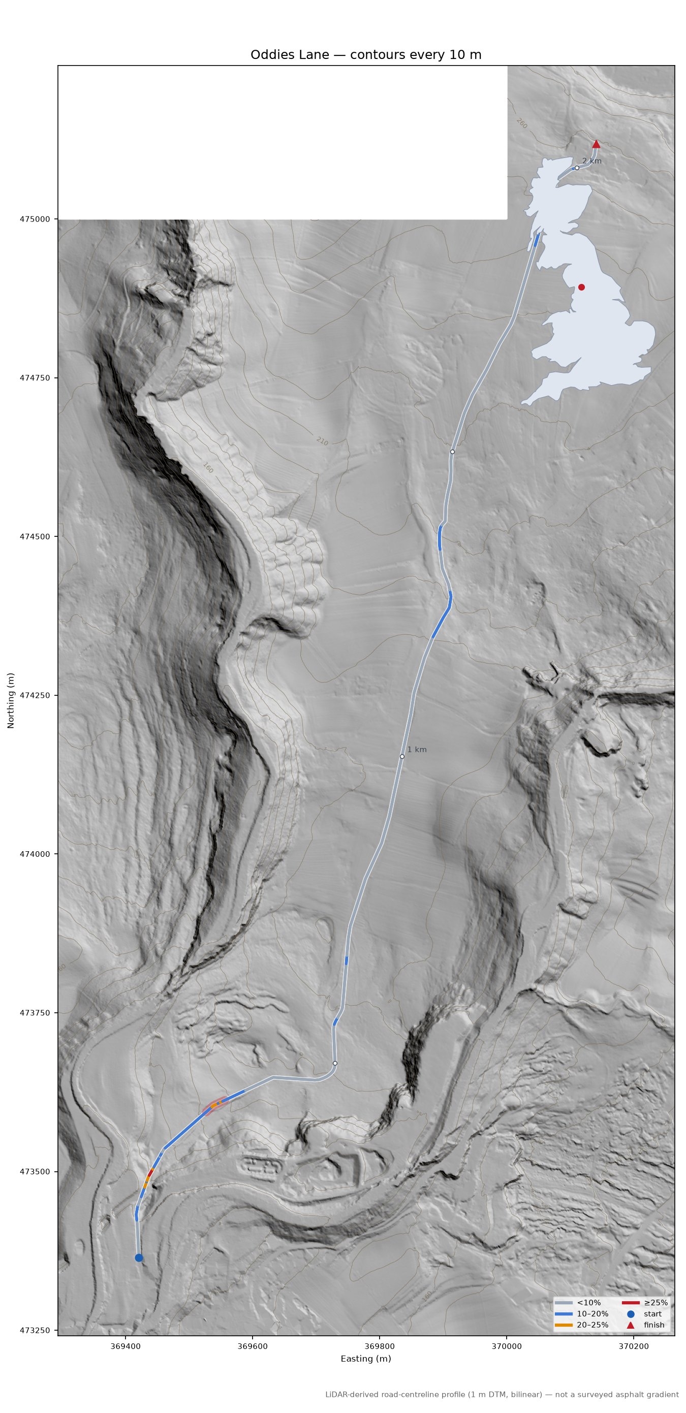 Oddies Lane LiDAR hillshade map with contours