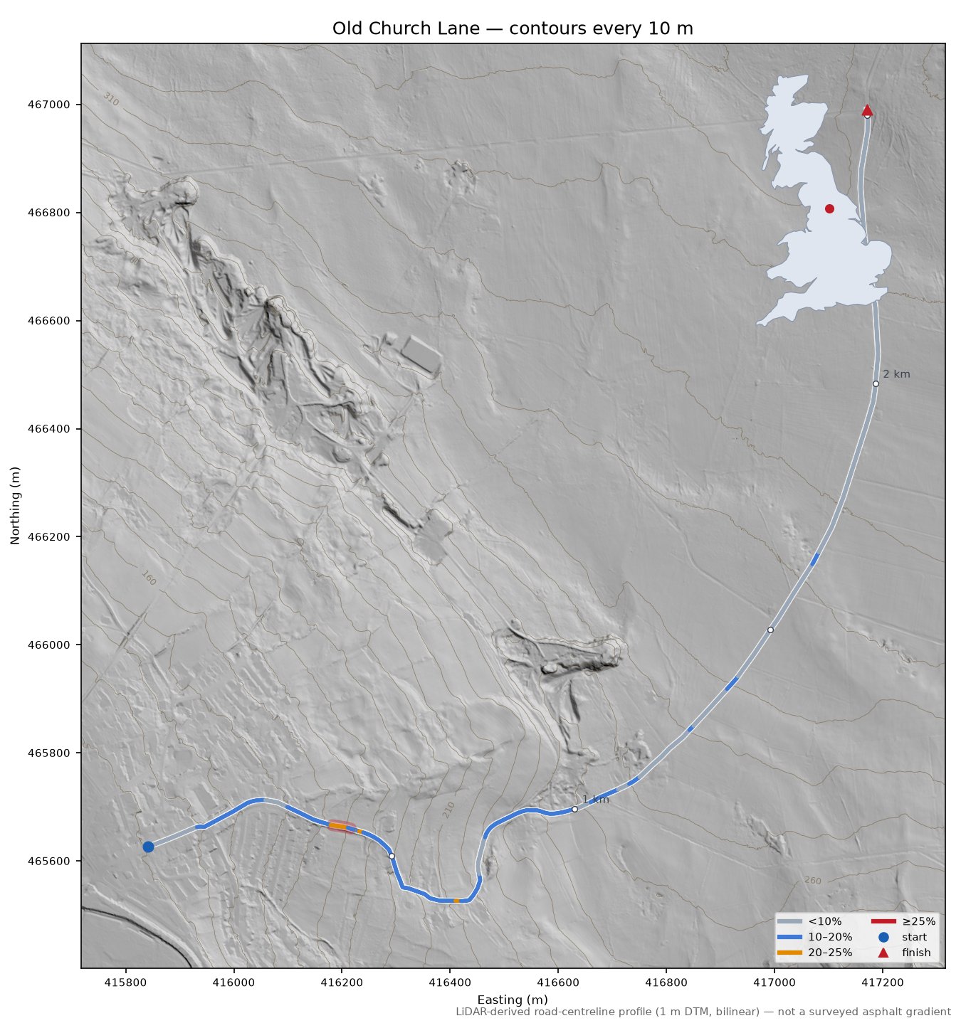 Old Church Lane LiDAR hillshade map with contours
