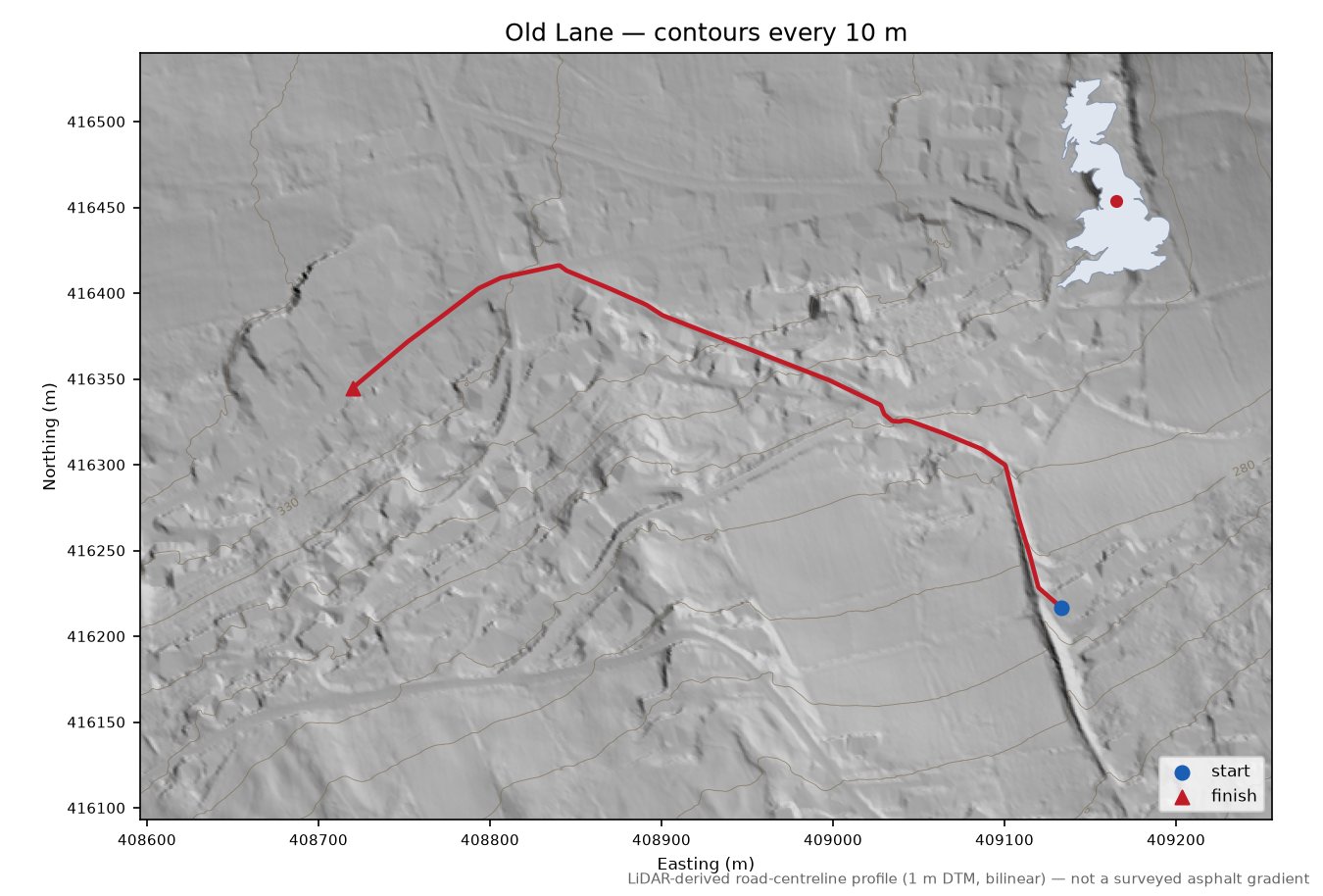 Old Lane LiDAR hillshade map with contours